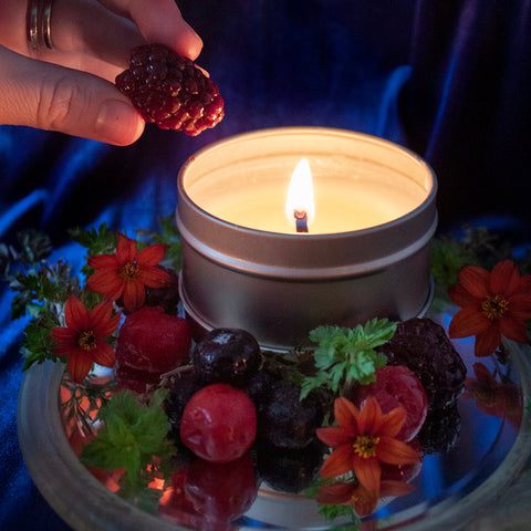 A variety of berries sit around a lit Skinny Dip Candle. Orange flowers and greenery are amongst the berries and a hand holds a blackberry above the candle.